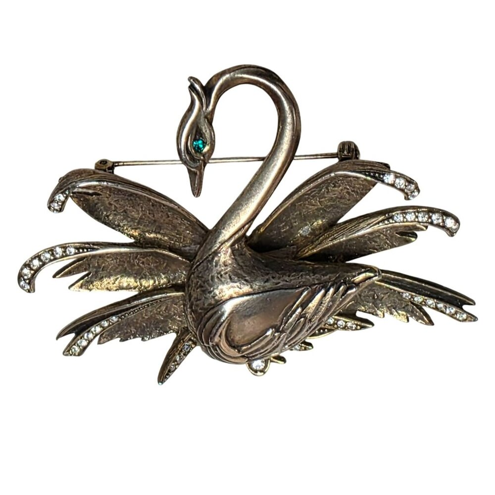 Vintage Swan Brooch Rhinestones Figural Bird Pin Mid Century Statement Gold-Tone - Picture 8 of 15